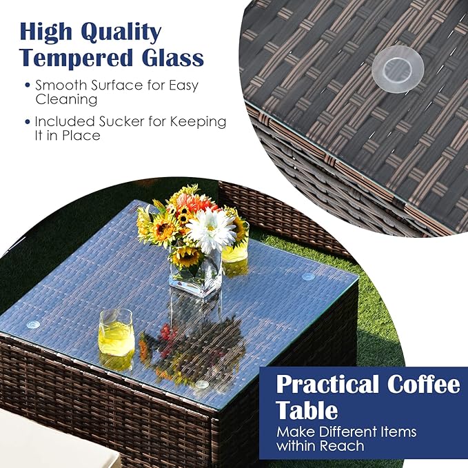 RELAX4LIFE 8-Piece Patio Furniture Set - Rattan Wicker Sectional Sofa Set w/Cushions, 32’’ Outdoor Gas Propane Fire Pit Table & Tank Holder, 40000 BTU Heat Output, PVC Cover for Firepit (Off White)