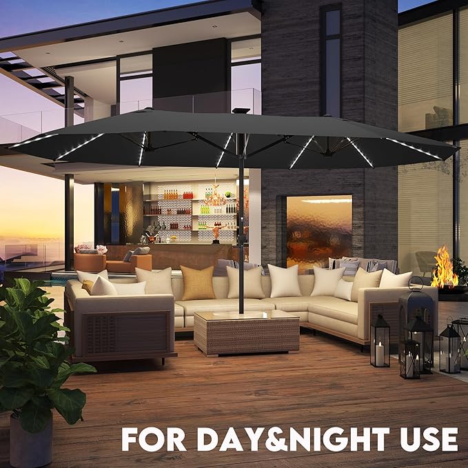 GDPFN 15ft Large Patio Umbrella with Solar Lights, Outdoor Double-Side Rectangular Umbrella, Backyard Pool Umbrella with LED Light for Deck, Outside, Market, Dark Gray (Base Not Include)