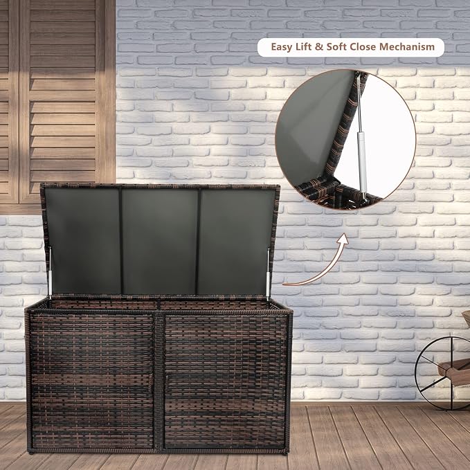 Simply-ME 104 Gal Outdoor Deck Storage Box,PE Rattan Large Storage Deck Box Bench for Indoor/Outdoor Garden Pool Patio Storage,Double Door