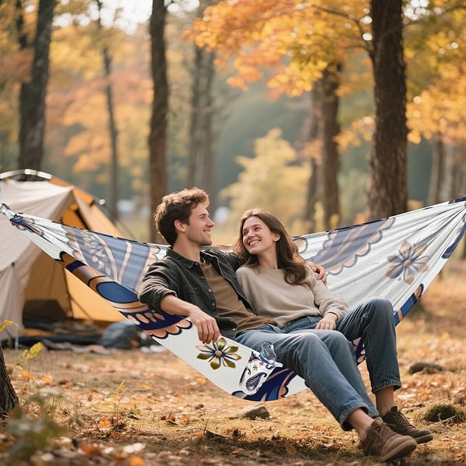 Blue Paisley Outdoor Hammocks with Tree Straps Fabric Hammock for Camping & Hiking Essential