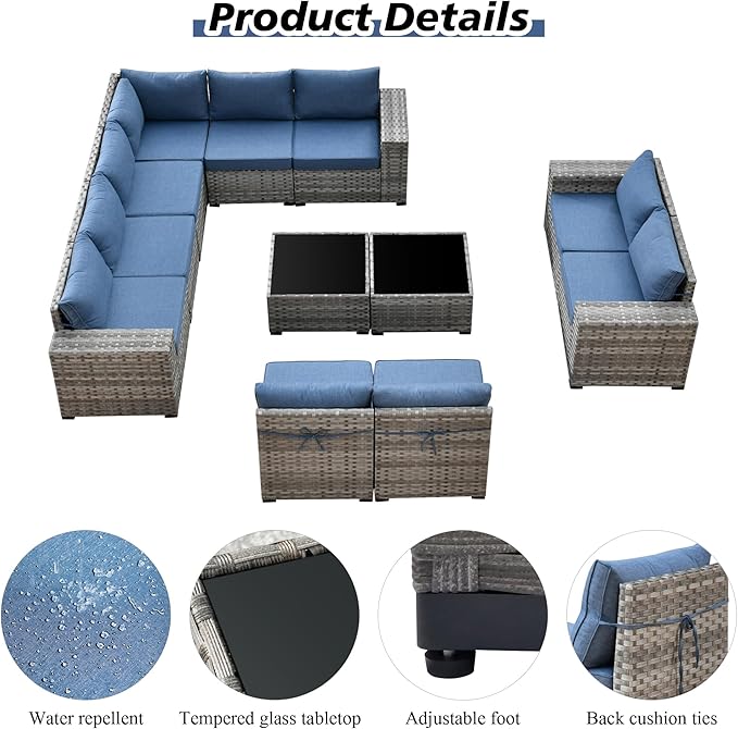 HOOOWOOO Outdoor Patio Sectional Furniture Sofa Set with Widened Armrest,12 Piece Large Modern Wicker Couch,Modular L Shaped Conversation Seating Set with Table for Out Door Garden Corner(Denim Blue)