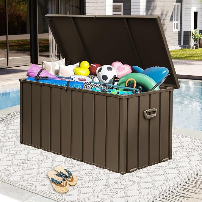 Domi 160Gallon Deck Box, Metal Outdoor Storage Box with Lock Wheels, Waterproof Outside Storage Box for Patio Cushions
