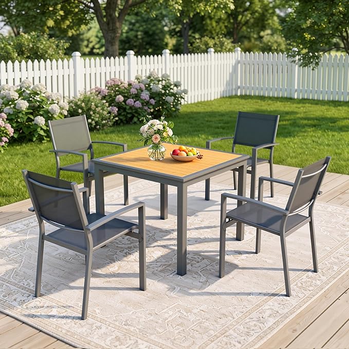 Wisteria Lane Patio Table and Chairs Set for 4, Outdoor Patio Furniture Set with Aluminum Table and Metal Textilene Chairs, All-Weather Outdoor Dining Set with HDPS Square Tabletop for Garden Porch
