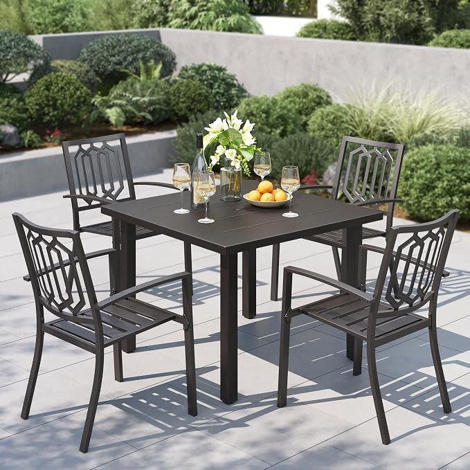 PHI VILLA 34" Outdoor Patio Table for 4, Slatted Wrought Iron Dining Table with Umbrella Hole, Minimalist Outside Metal Furniture for Deck, Porch, Backyard - Black