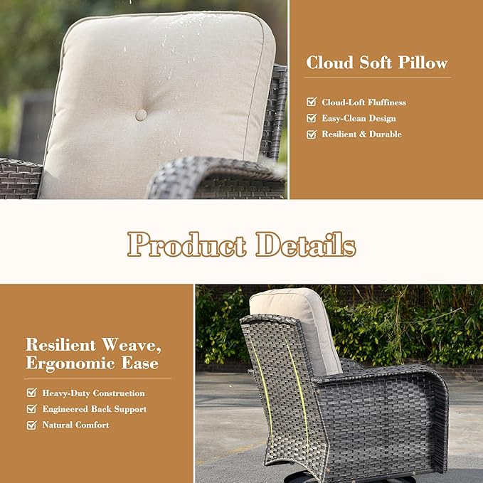 5 Pieces Patio Furniture Set, All Weather Rattan Patio Conversation Sets with Swivel Rocking Chairs, Coffee Table, High Back Outdoor Furniture Loveseat for Porch, Backyard,Beige