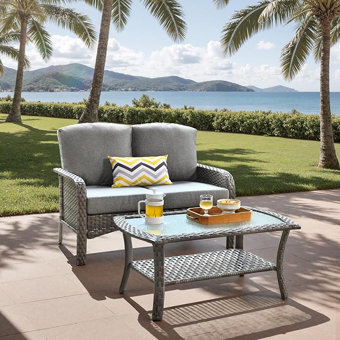 2-Piece Outdoor Patio Furniture Set with Coffee Table, Outdoor Conversation Wicker Sofa with Thickened Cushions, Rattan Couch for Deck Yard Poolside, Dark Grey