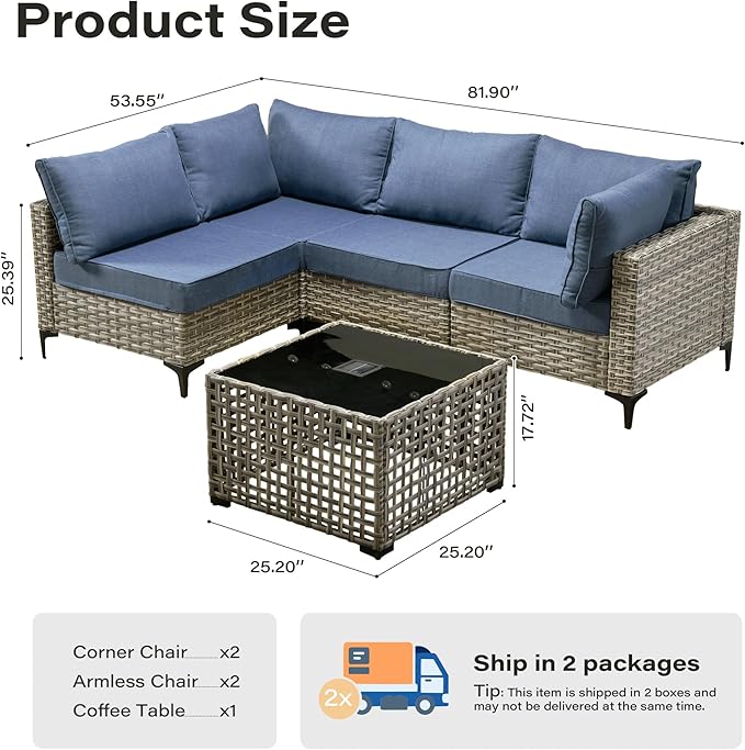 5 Pieces Patio Furniture Set with Solar Light Coffee Table, All-Weather Rattan Outdoor Sectional Conversation Sets L Shaped Sofas for Outside Porch Balcony Backyard Denim Blue