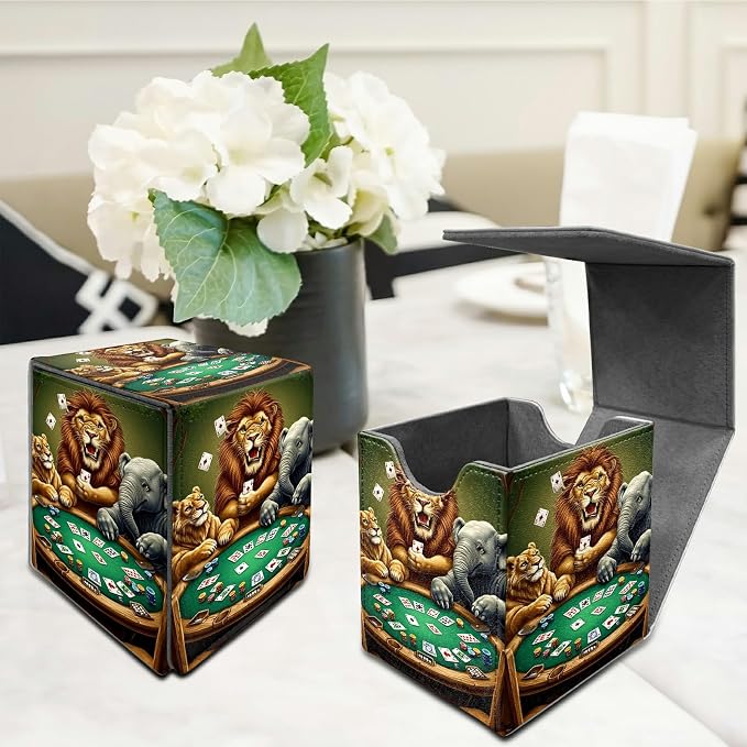Deck Box for MTG, Cards Storage Box Fits 120+ Sleeved, Leather Medium Size Strong Magnetic Closing Card Case for Board Games Magic TCG CCG Baseball Collection, Elephant Lion