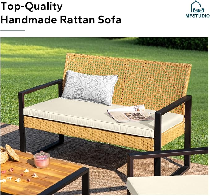 MFSTUDIO Patio Sofa Set for 4, Outdoor Rattan Couch with Wood Table & 2 Chairs, Outdoor Wicker Loveseat Sofa, Patio Sectional Couch Set for Backyard, Beige