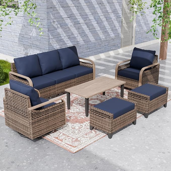 EAGLE PEAK Modern Wicker Outdoor Patio Furniture Set, Patio Conversation Set, 2 Swivel Rocking Chairs, 3-Seat Loveseat, 2 Ottomans and Coffee Table, 6 Pieces, Brown/Blue