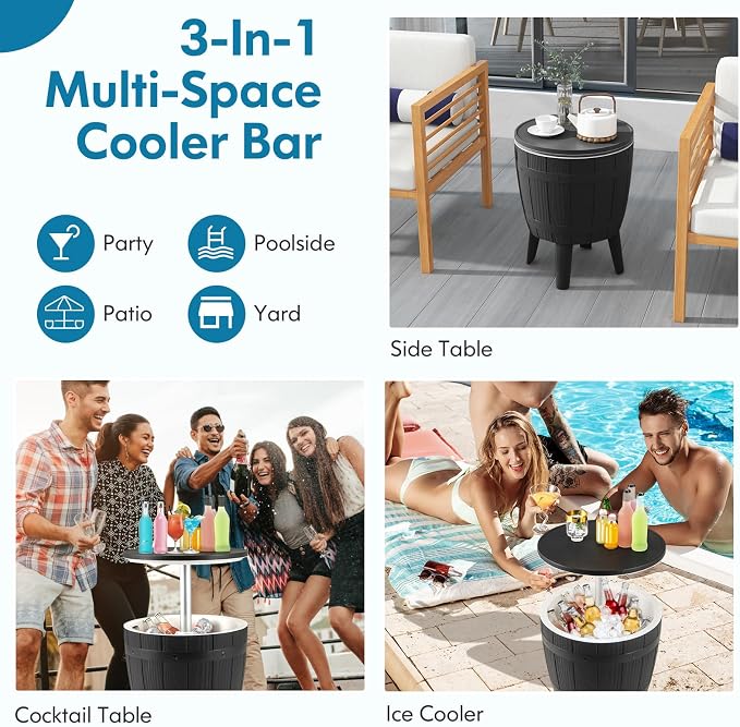 Tangkula 10 Gallon Cooler Bar Table, Outdoor Cooler Side Table w/Telescopic Tabletop, 3-in-1 Coffee Table Ice Bucket for Beer & Wine, All-Weather Cocktail Table for Backyard, Party, Poolside (Black)