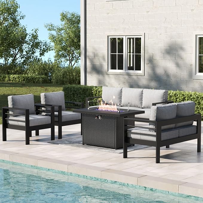 5 Pieces Aluminum Outdoor Patio Furniture Set with Fire Pit Table, Modern Metal Conversation Sofa Set with Deep Seating