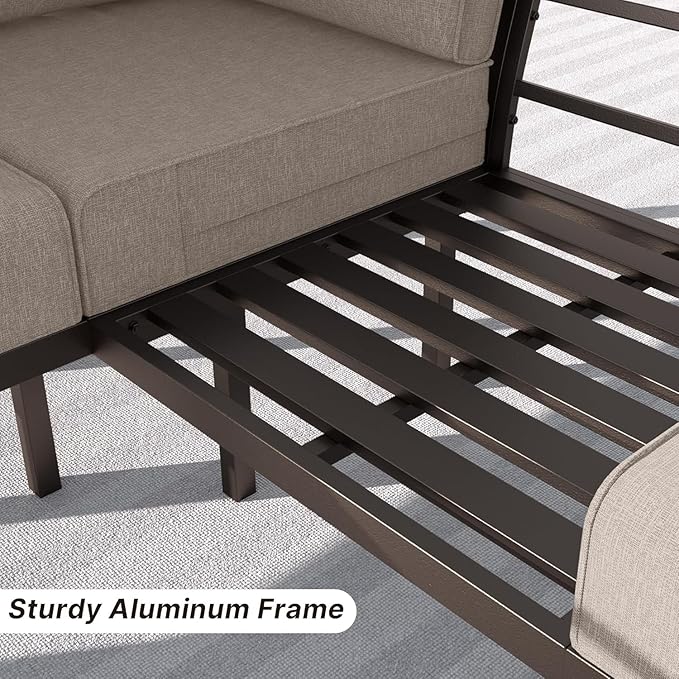 Gotland Aluminum Patio Furniture Set with Rectangular Coffee Table, Metal Patio Furniture with 5 Seats Waterproof 5.1'' Seat Cushions, Outdoor Sectional Patio Conversation Sets for Balcony Khaki