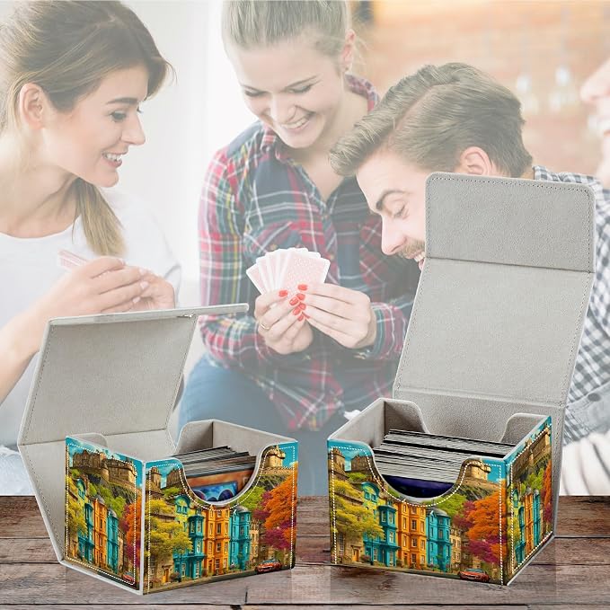 Card Deck Box for MTG, Cards Storage Box Fits 120+ Sleeved, Leather Small Size Strong Magnetic Closing Card Case for Board Games Magic TCG CCG Baseball Collection, Castle Maple Tree