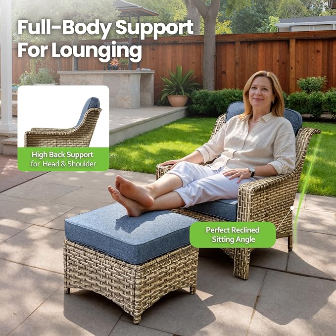 6 Piece Patio Furniture Set with Solar Lights Coffee Table, Outdoor Wicker High Back Sofa Chairs Ottomans with Cushions, All Weather Conversation Set for Backyard Porch Deck, Denim Blue