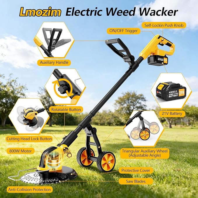 Electric Weed Wacker Cordless, Electric String Trimmer with 3 Types Blades & Removable Auxiliary Wheels, Brush Cutter & Grass Trimmer & Lawn Edger with for Garden Yard (YellowA)