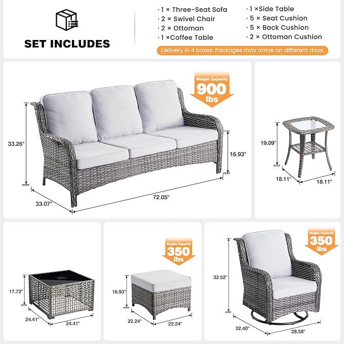 ovios 7-Piece Patio Furniture Set with Swivel Chairs Coffee Table, Outdoor Wicker Sofa with Comfy Cushions, High Back Couch Modern Conversation Sets, Grey/Grey