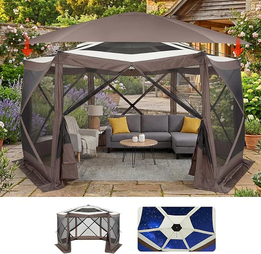 GarveeHome 13x13FT Pop Up Gazebo Screen Tent, 6-Sided Canopy with Starry Sky Top, 210D Oxford Water-Proof Instant Shelter with Mosquito Netting for Backyard Camping, Khaki & Beige