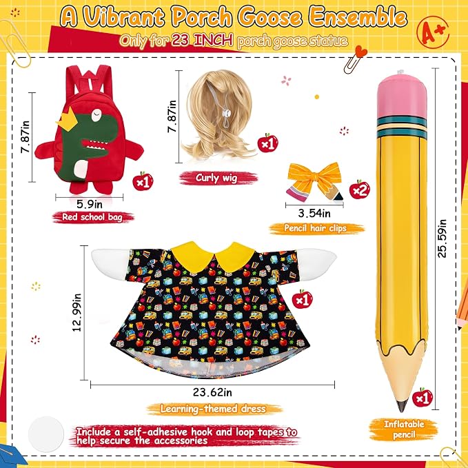 23" Back to School Porch Goose Outfit, Curly Wig (Statue not Included) | Complete 6 piece back to school goose set, Wavy unbraided wig + dress + pencil clips + inflatable pencil + red bag + tape