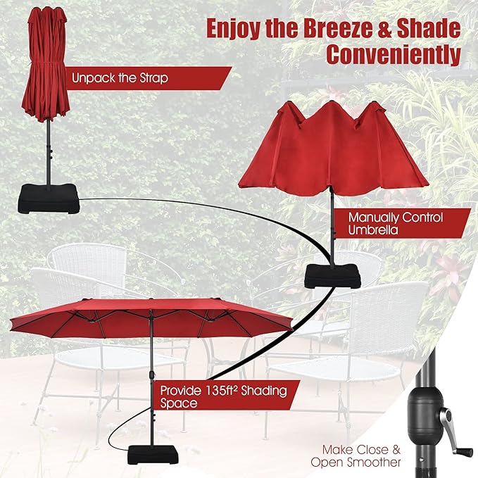 Tangkula 15FT Double-Sided Patio Umbrella, Outdoor Market Umbrella W/Hand-Crank System & Enhanced Base, Ultra-Large Twin Garden Umbrella W/ 12-Rib Structure for Residential & Commercial Use (Wine)