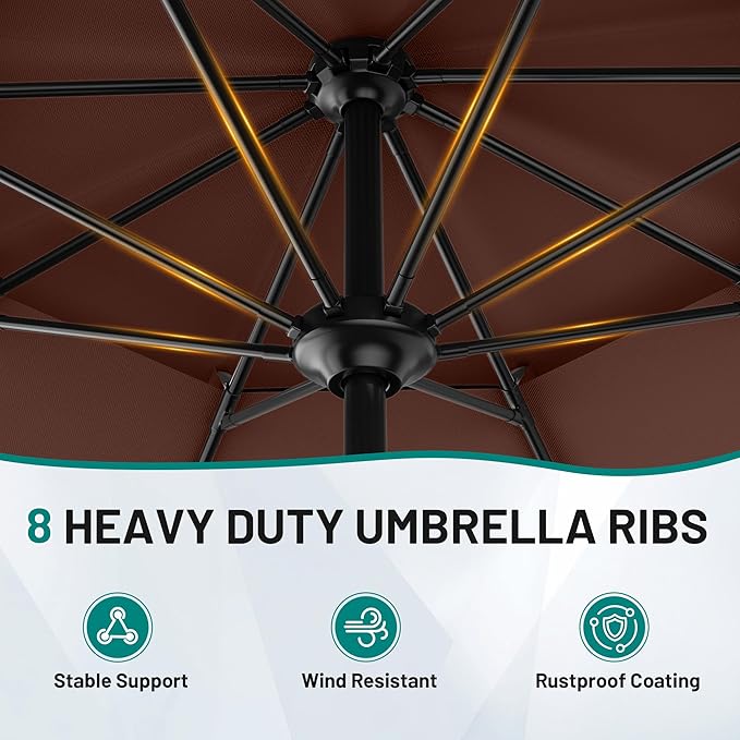 AreShark 12ft 2 Tiers Patio Umbrella - Outdoor Umbrella Waterproof UV Protection, Market Table Umbrella w/ 8 Sturdy Ribs&Crank for Pool, Porch, Garden(Dark Brown)