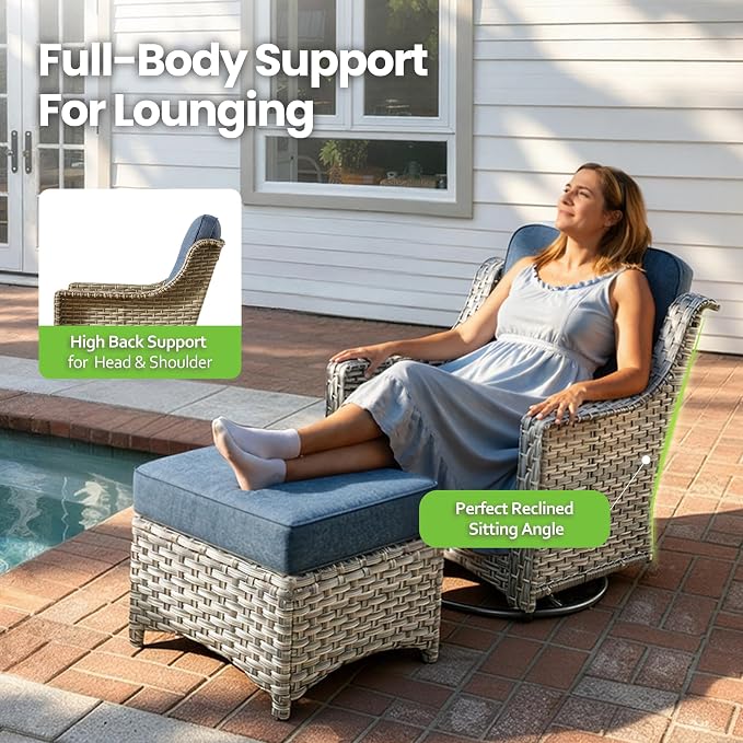 10 Piece Patio Furniture Set with Fire Pit Table, Outdoor Wicker High Back Sofa and Swivel Rocker Chairs Set of 4 with Ottoman, Large Conversation Sets for Backyard Deck Garden, Denim Blue