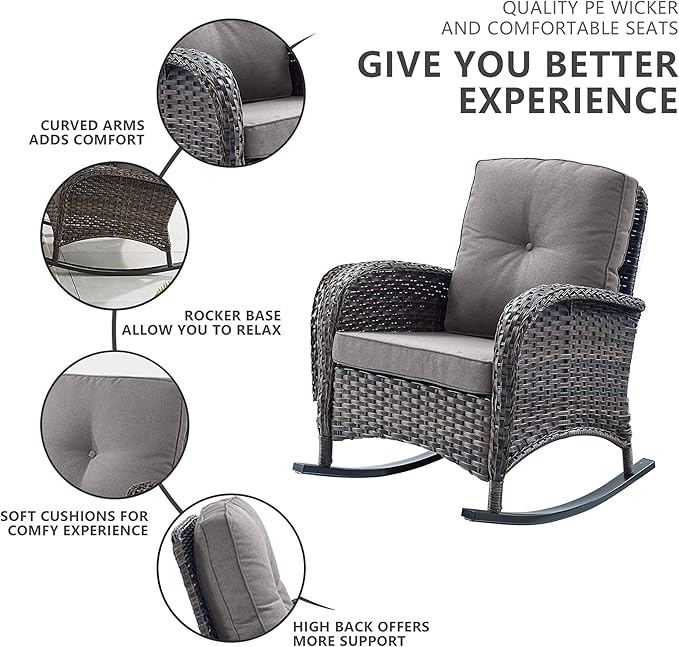 Belord 6 Pieces Outdoor Patio Furniture Set with Wicker Rocking Chairs, Rattan Patio Conversation Set with Glider Loveseat Ottomans and Side Table Brown/Grey
