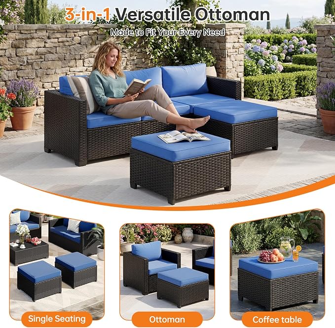 LazySunsets 5-Piece Outdoor Patio Furniture Set, Rattan Outdoor Sectional with Thick Waterproof Cushions, Wicker Ottomans & Waterproof Cover, Patio Conversation Set for Garden, Backyard, Navy Blue