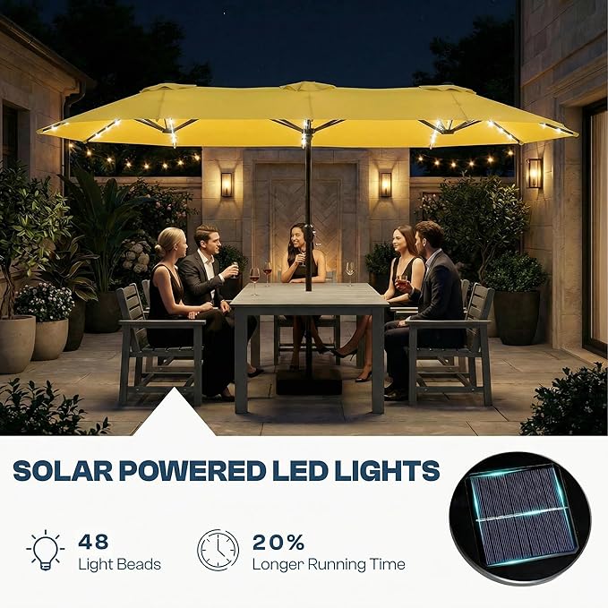15FT Large Outdoor Patio Umbrella with Solar Lights and Base, Double-Sided Table Umbrellas with 48 LED Lights, Rectangle Market Umbrella for Pool, Deck, Backyard