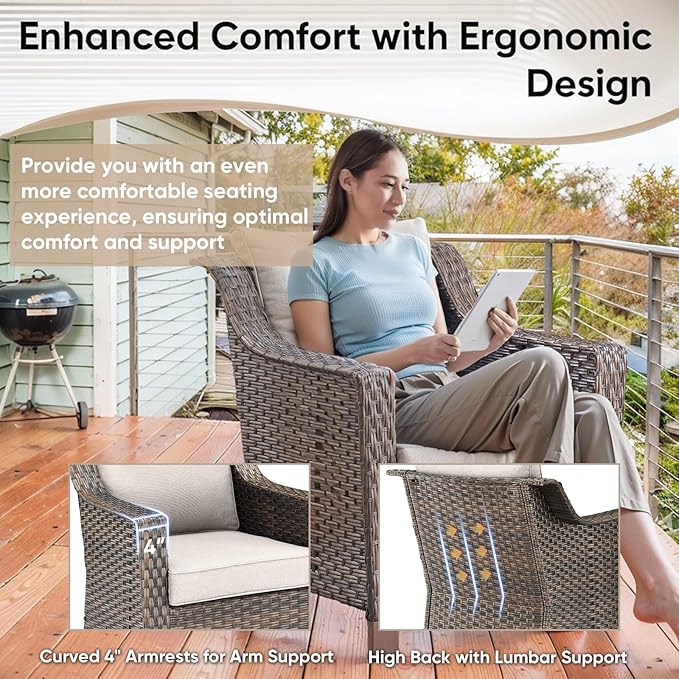 Outdoor Wicker Chair Set of 2-Outdoor Patio Chairs with Deep Seating Patio Dining Chairs for Deck Balcony Poolside Backyard-Brown/Beige