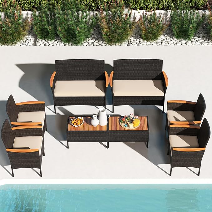 Tangkula 8 Pieces Patio Wicker Sofa Set, 2 Rattan Chairs & Loveseat w/Coffee Table, Acacia Wood Armrests & Tabletop, Outdoor Cushioned Conversation Set for Backyard, Poolside (2)