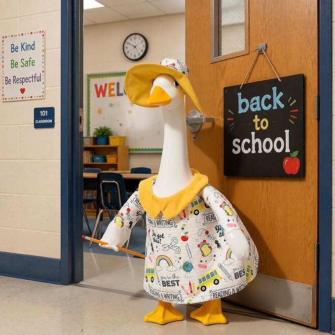Outus Back to School Porch Goose Outfits Includes Notebook Doodle Shirt Yellow Sun Hat and Pencil Prop First Day of School Classroom Goose Clothing for Outdoor Garden Yard Patio Lawn 23" Statue