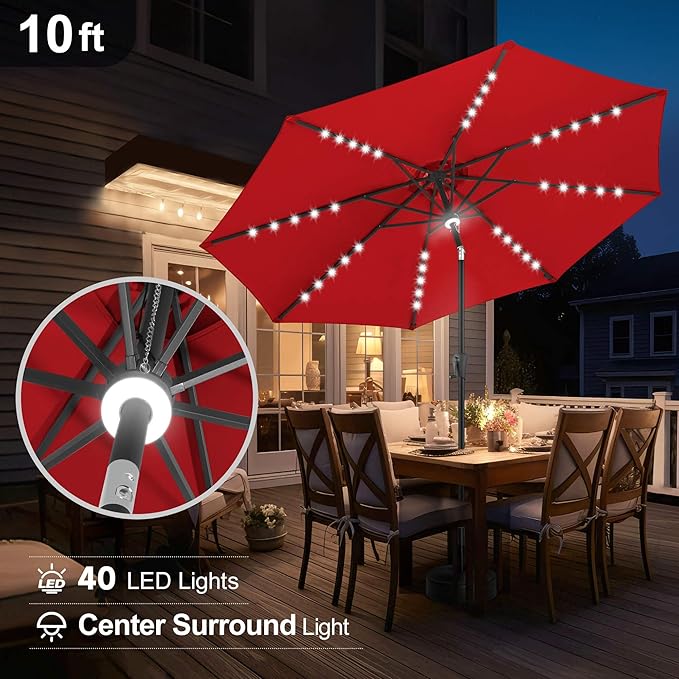 FLAME&SHADE 10 FT Solar Light Patio Umbrella, 40 LED Lights Outdoor Umbrella with Centre Surround Light, Table Market Umbrella for Deck, Pool, Porch, Backyard, Garden, UV Protection, Red