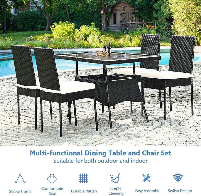HAPPYGRILL 5-Piece Patio Dining Set Rattan Wicker Table Chairs Set with Cushions & Tempered Glass Table Top, Patio Furniture Outdoor Dining Set for Garden Poolside