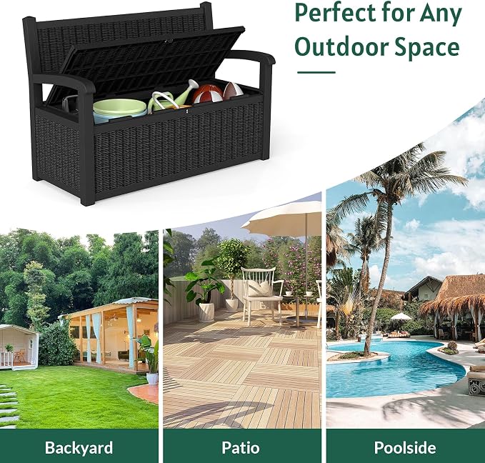 Skepphlay 70 Gallon Storage Bench Outdoor, Deck Box Bench with Armrest, Lockable Outside Benches with Storage, Deck Boxes Waterproof for Pool Patio Garden (Black)