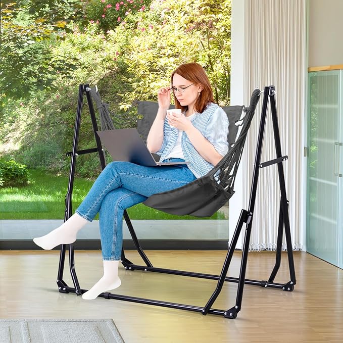 Hammock with Portable Steel Stand and Carrying Bag for Outside,Easy Set Up for Outdoor,Indoor,Backyard,Patio,Camping,Garden,Trip (Grey)