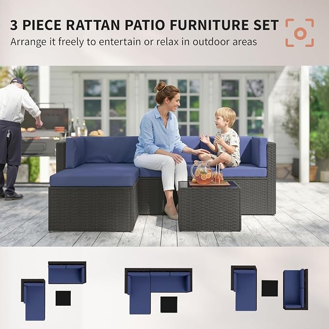 Outsunny 3 Piece Patio Furniture Set, Wicker Rattan Outdoor Patio Conversation Furniture Set with Cushions, Glass Top Coffee Table, Deep Seating for Garden, Backyard, Porch, Navy Blue