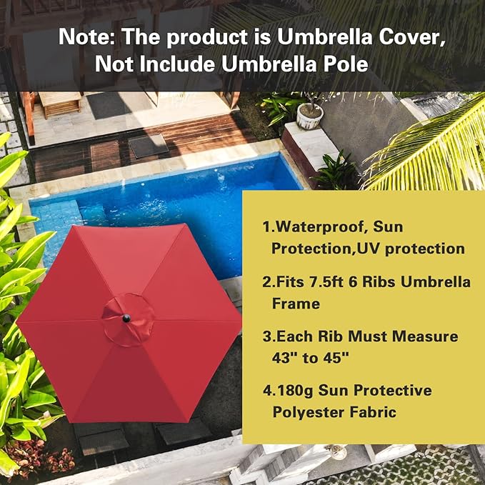 Sunnyglade 7.5ft Patio Umbrella Replacement Canopy Market Umbrella Top Outdoor Umbrella Canopy with 6 Ribs