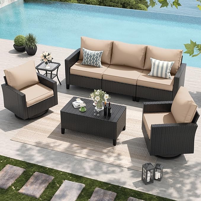 Amopatio Patio Furniture Set, 5-Piece Wicker Outdoor Sectional Sofa with Swivel Rocker Chairs, Rattan Conversation Set with Storage Coffee Table and Waterproof Cover for Backyard Black/Khak