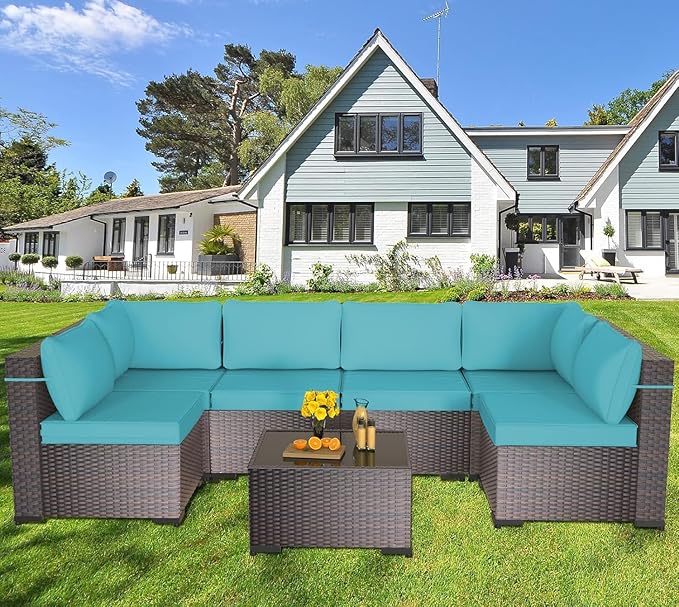 ALAULM 7 Pieces Patio Furniture Set Wicker Patio Conversation Set, Outdoor Sectional Furniture w/Coffee Table & Washable Seat Cushions-Blue