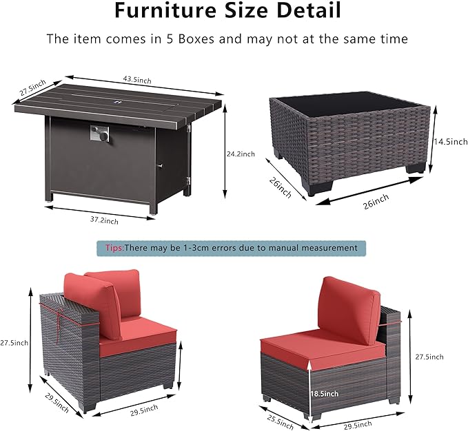 Outdoor Terrace Furniture Set, 8 Piece Outdoor Furniture Set, with 43 inch Aluminum 55002 BTU Propane fire Pit, PE Willow Vine Terrace Dialogue Set - Red.