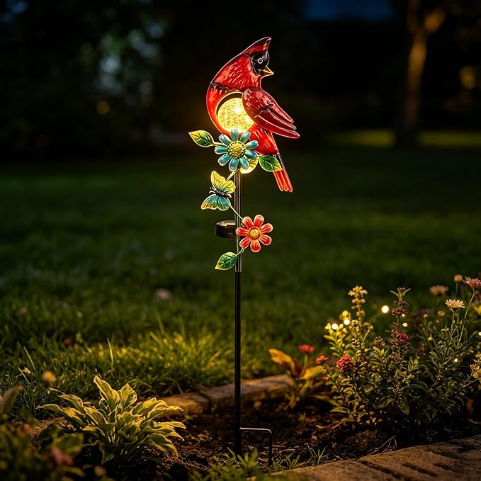 Cardinal Decor Solar Garden Stakes Outdoor Decorative Waterproof Metal Garden Sculpture Cardinal Solar Lights for Outside Lawn Yard Patio Cemetery Decoration Red Bird Gardening Gifts for Women