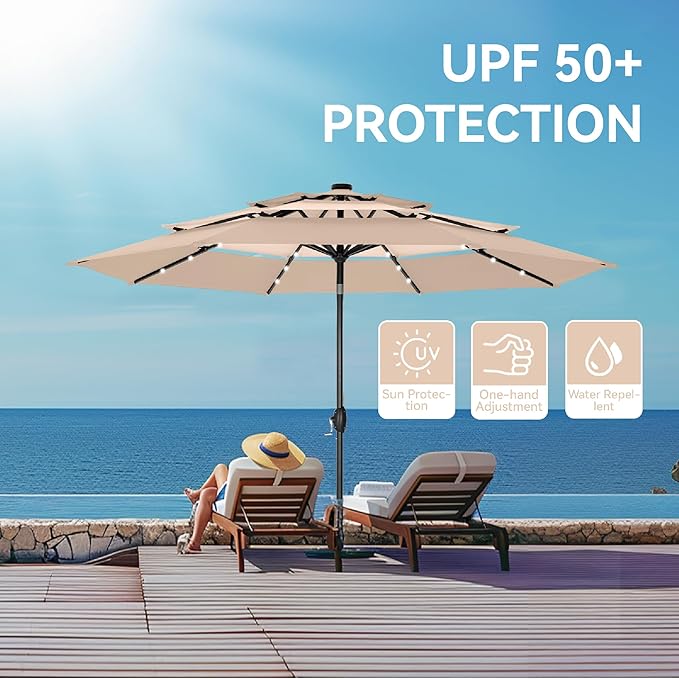 GREEN PARTY 10ft Patio Umbrella with Solar Lights, Auto-Tilt Lighted Market Table Umbrellas with Crank, 8 Sturdy Ribs & 1.5" Pole outdoor umbrellas for Patio Garden Deck Backyard Pool, Beige