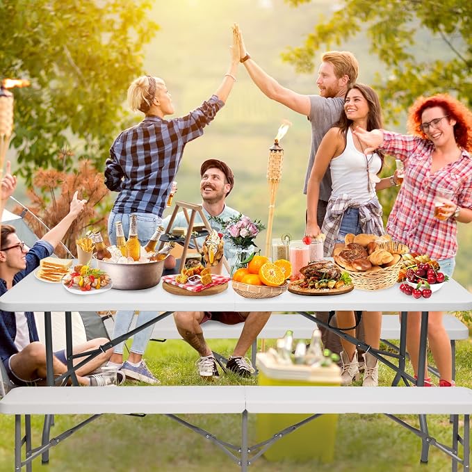 VINGLI 6 FT 3-Piece Portable Picnic Table Bench Set, Weather-Resistant Plastic Folding Camping Beer Table w/Carrying Handles, for Family Garden Patio Outdoor Activities Use, at Home and Commercial
