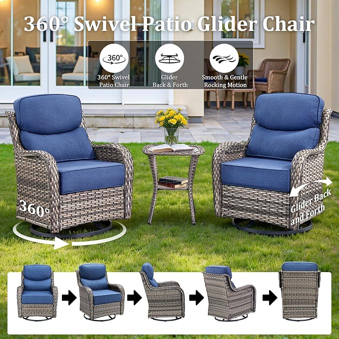 Luxury High Back Patio Furniture Set with Fire Pit Table and 6-Inch Thick Cushions, 5-Pieces Outdoor Furniture 4 Swivel Chairs, Wicker Conversation Set for Porch, Balcony, Deck and Yard, Grey/Blue