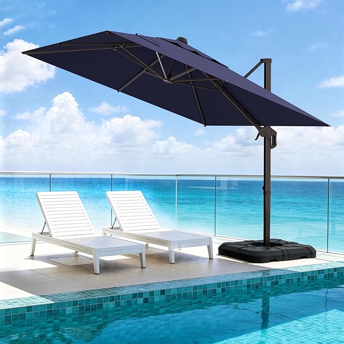 10' X 10' Patio Umbrella Cantilever Outdoor Rectangle Umbrella, Heavy Duty 360°Rotation Offset Umbrella for Garden Deck Pool Patio, Navy Blue