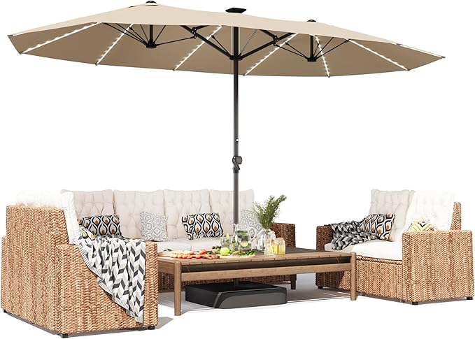 GDPFN 15ft Large Patio Umbrella with Solar Lights, Outdoor Double-Side Rectangular Umbrella with Base Included, Backyard Pool Umbrella with LED Light for Deck, Outside, Market, Beige