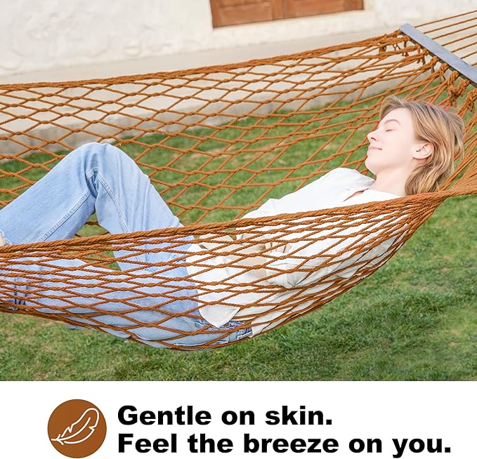 Single Rope Hammocks for Outside, Traditional Hand Woven Cotton Hammock with Hardwood Spreader Bar, Max 450 lbs Capacity (Coffee Brown, Small)