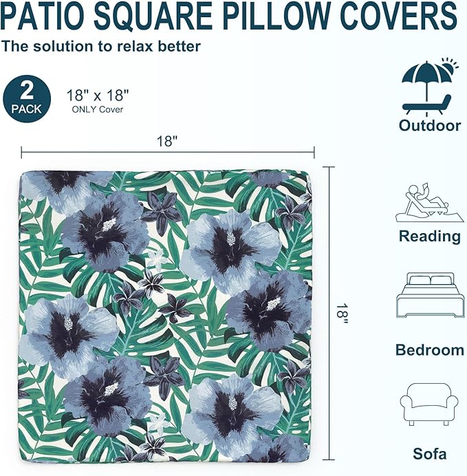 DYTXIII Pack of 2 Outdoor Waterproof Pillow Covers ONLY, 18"x18" Square Decorative Double Printed Throw Pillow Cases for Patio Couch Porch Furniture, Blue Salmone Tropical