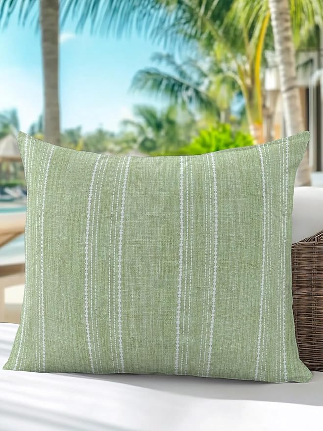 Vandarllin Waterproof Outdoor Pillow 1 Pack Olive Green Linen Stripes Decorative Throw Pillows Cover & Insert 16x16 Inch Pillowcase Parallel Vertical Lines Pillows for Couch Sofa Bed Patio Furniture